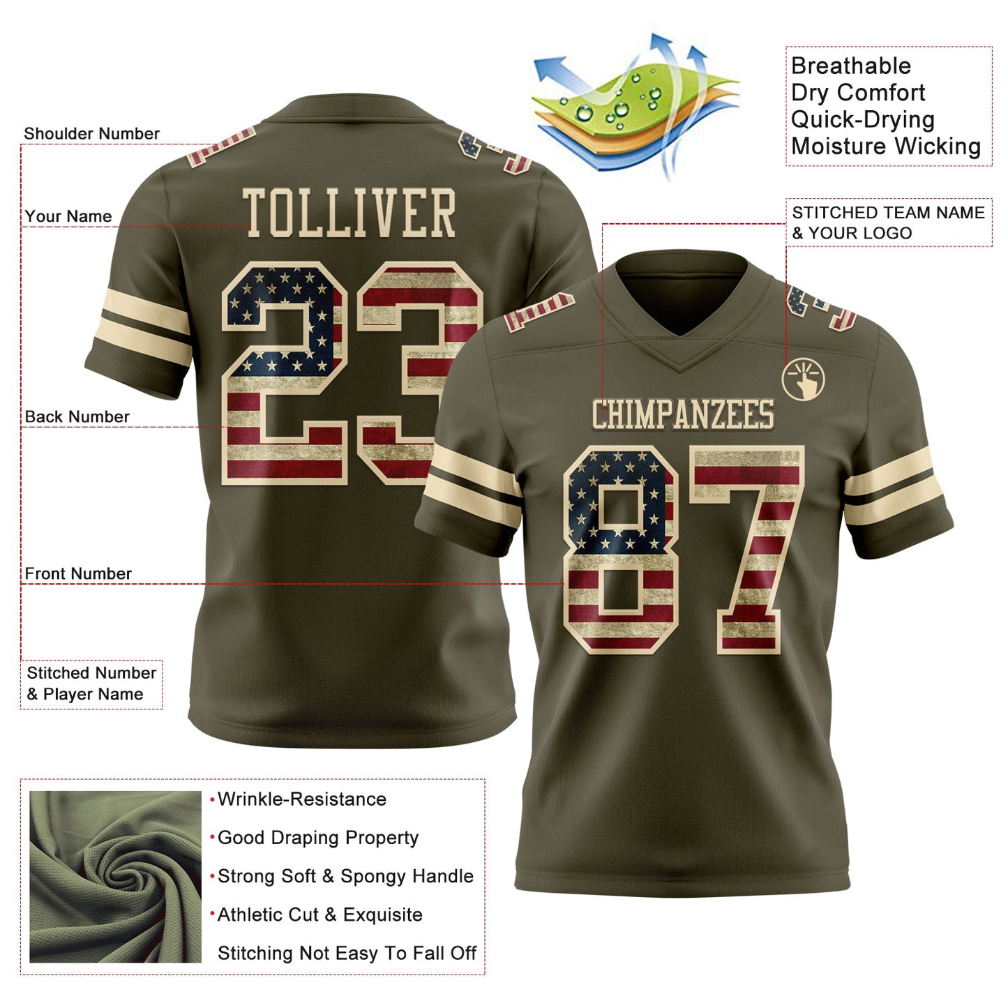 Custom Olive Vintage USA Flag-Cream Authentic Salute To Service Football Jersey view 3