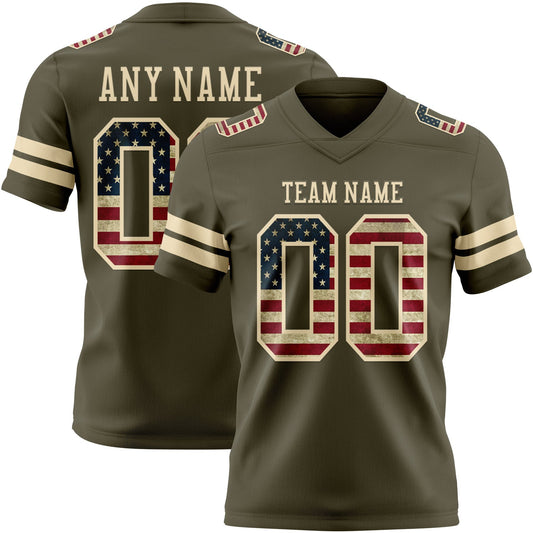 Custom Olive Vintage USA Flag-Cream Authentic Salute To Service Football Jersey - Main View