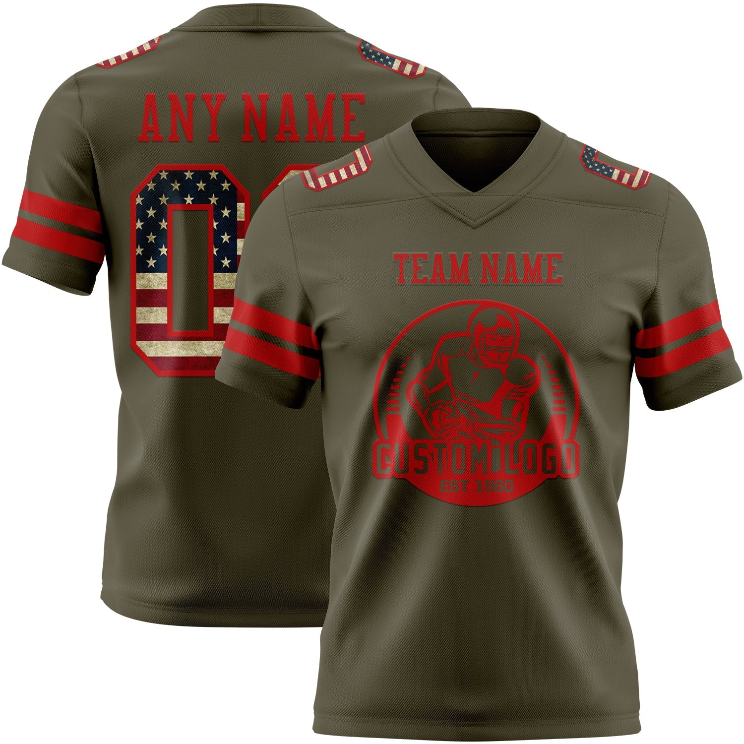 Custom Olive Vintage USA Flag-Red Authentic Salute To Service Football Jersey view 2