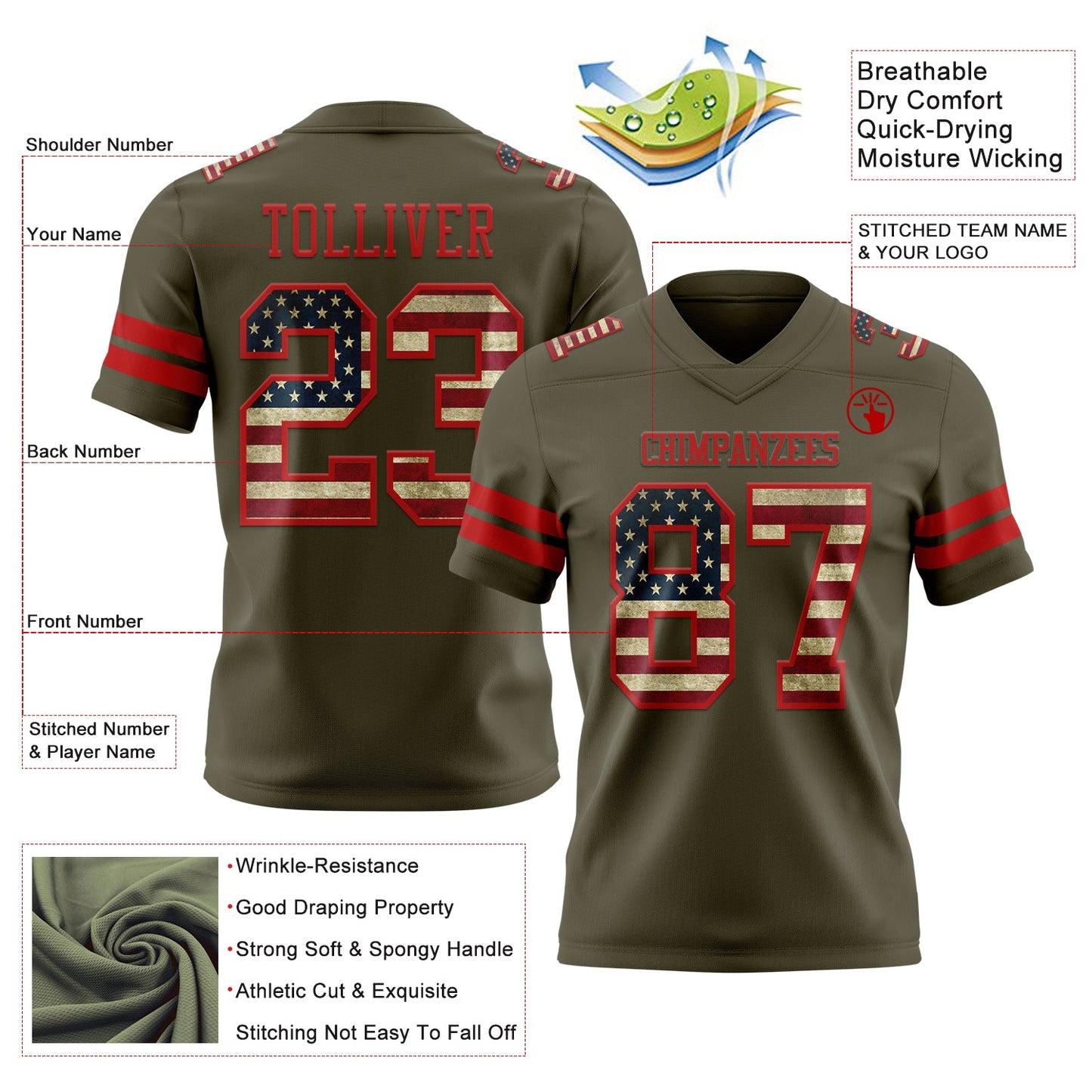 Custom Olive Vintage USA Flag-Red Authentic Salute To Service Football Jersey view 3