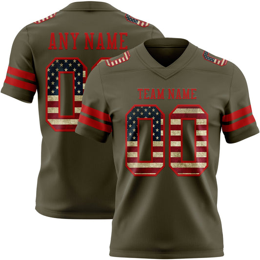 Custom Olive Vintage USA Flag-Red Authentic Salute To Service Football Jersey - Main View