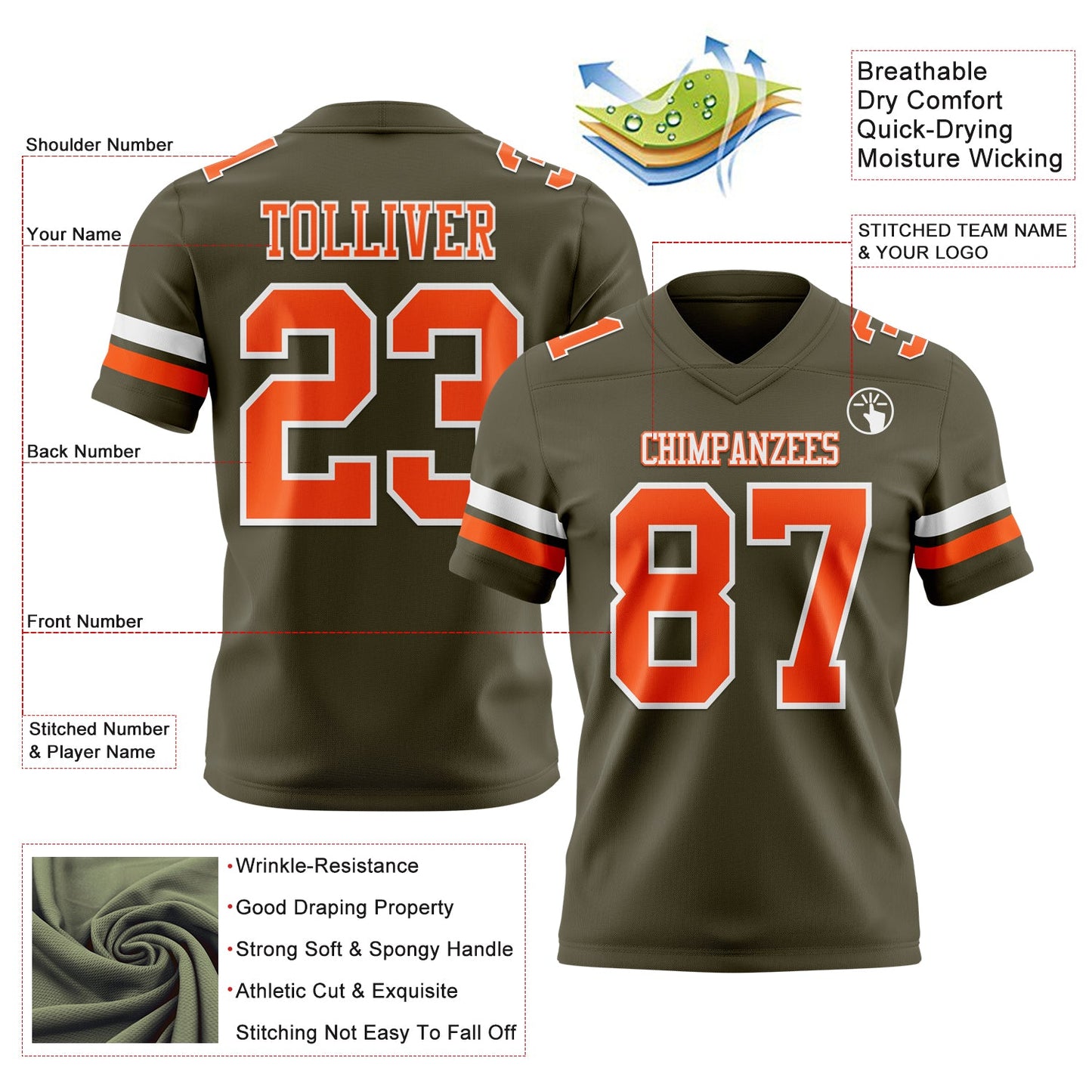 Custom Olive Orange-White Authentic Salute To Service Football Jersey view 3