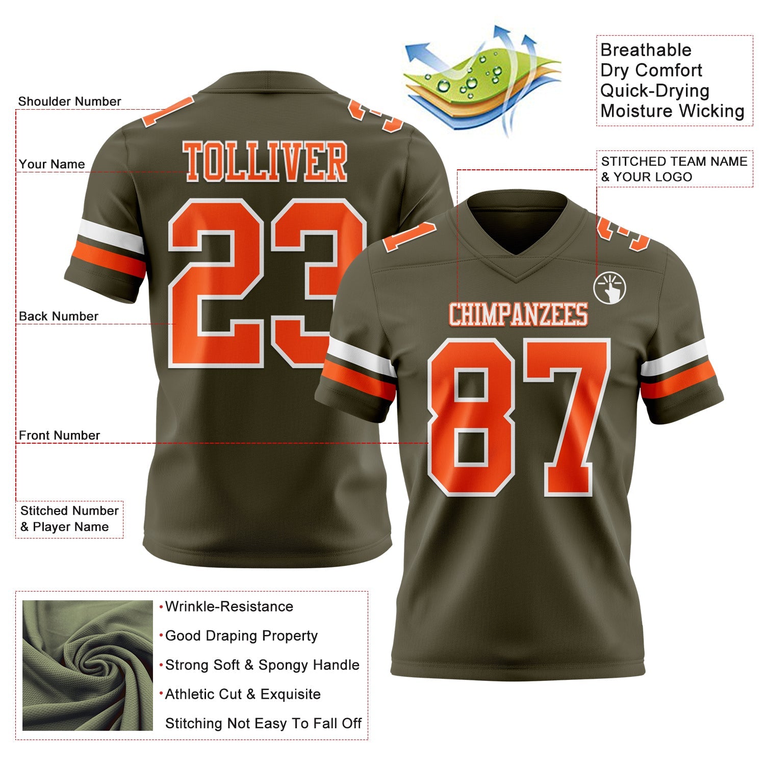 Custom Olive Orange-White Authentic Salute To Service Football Jersey view 3