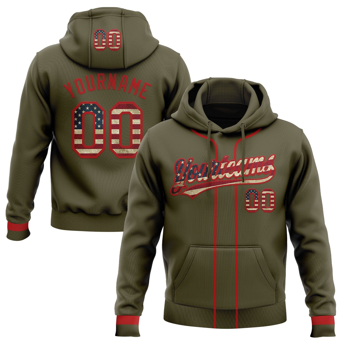 Custom Stitched Olive Vintage USA Flag-Red Baseball Pullover Sweatshirt Hoodie - Main View
