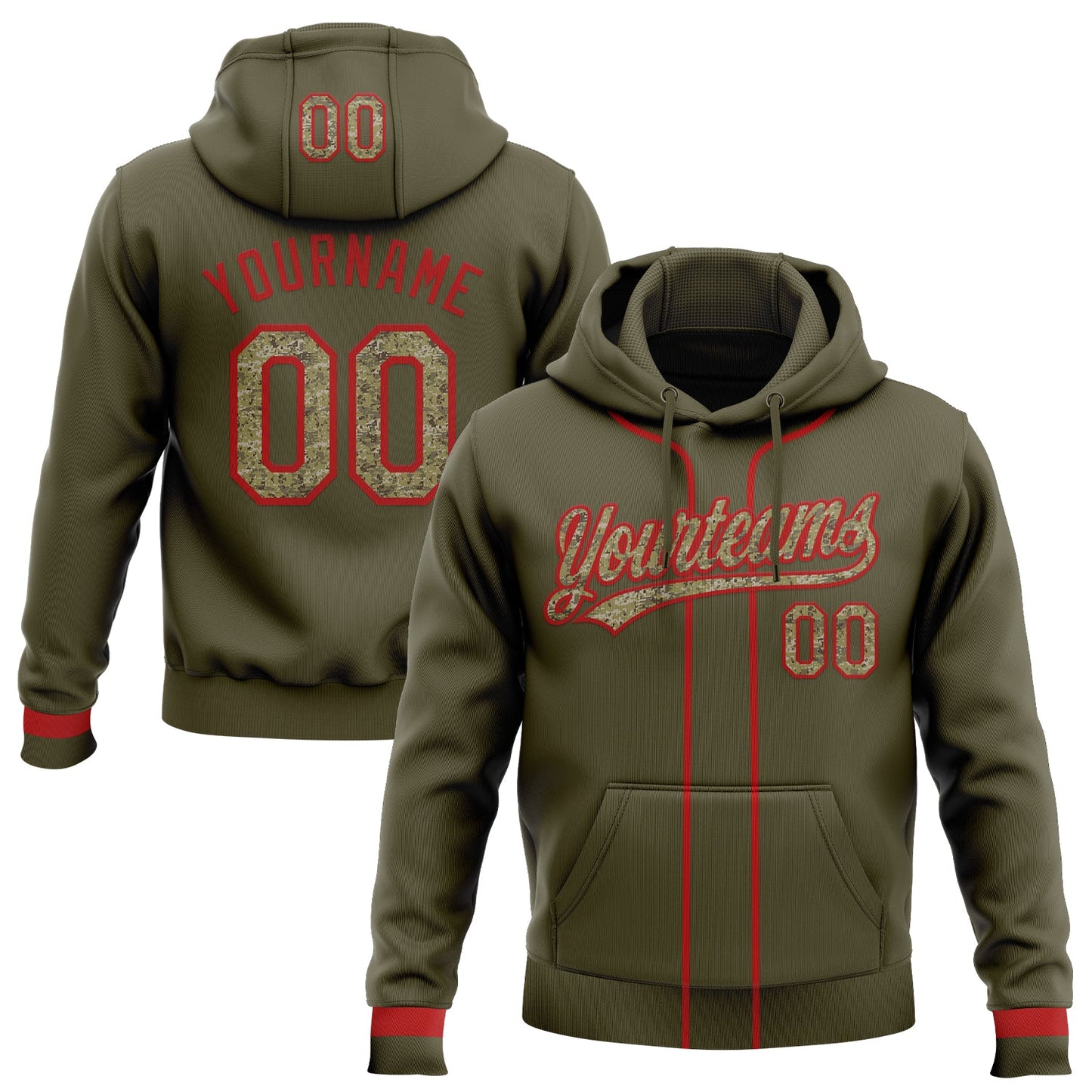 Custom Stitched Olive Camo-Red Baseball Pullover Sweatshirt Hoodie - Main View