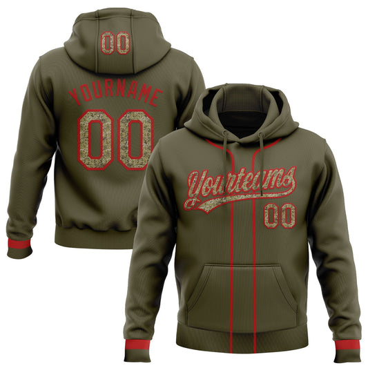 Custom Stitched Olive Camo-Red Baseball Pullover Sweatshirt Hoodie - Main View