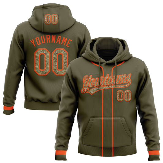 Custom Stitched Olive Camo-Orange Baseball Pullover Sweatshirt Hoodie - Main View