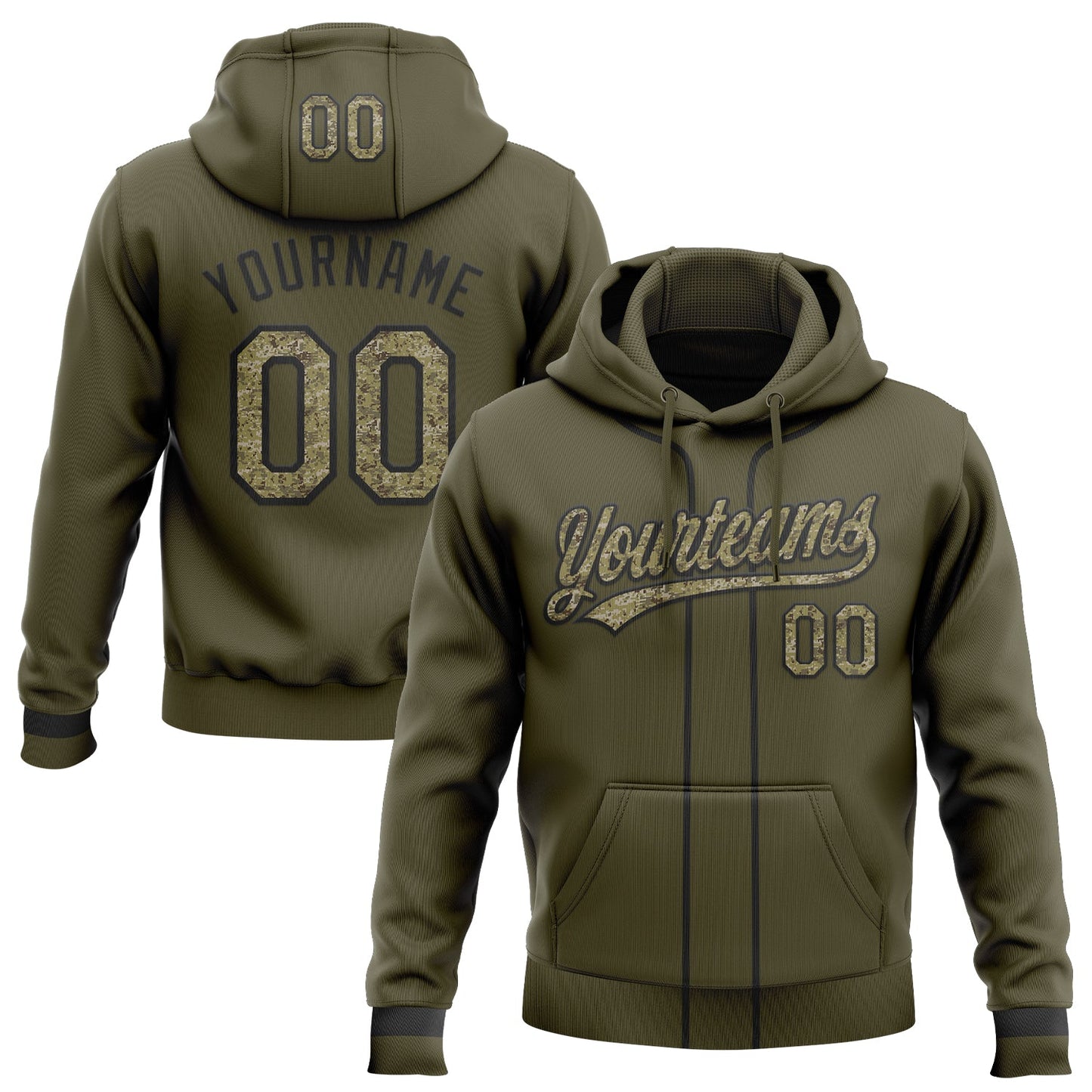 Custom Stitched Olive Camo-Black Baseball Pullover Sweatshirt Hoodie - Main View