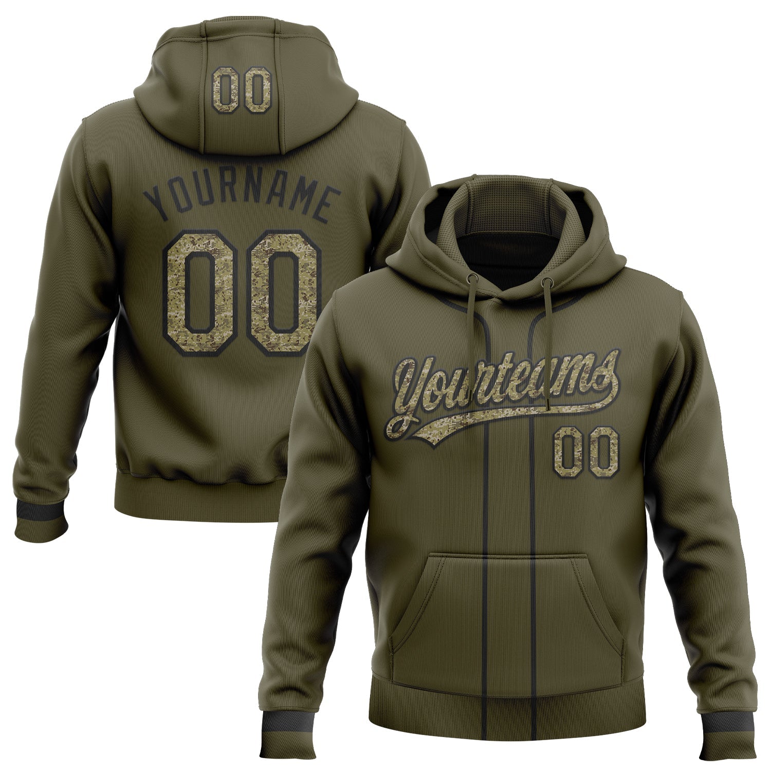 Custom Stitched Olive Camo-Black Baseball Pullover Sweatshirt Hoodie - Main View