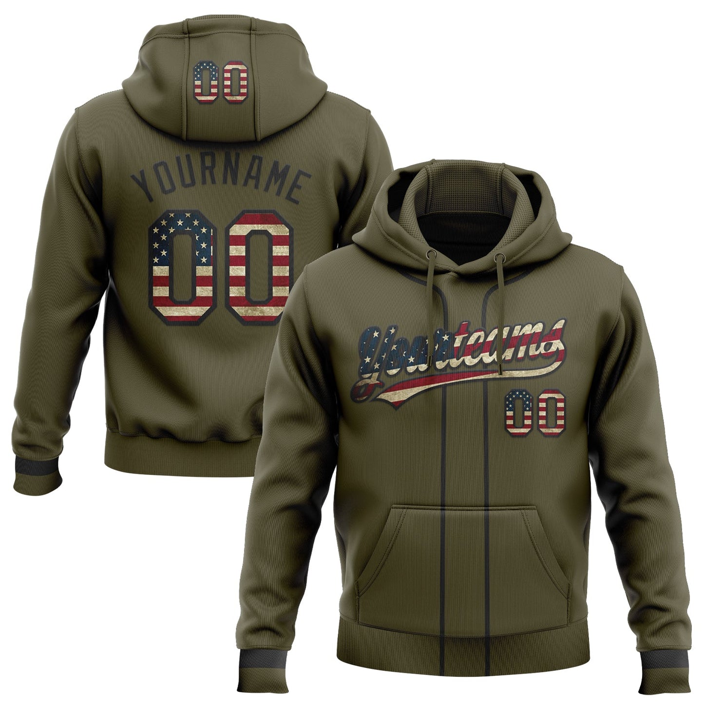 Custom Stitched Olive Vintage USA Flag-Black Baseball Pullover Sweatshirt Hoodie - Main View