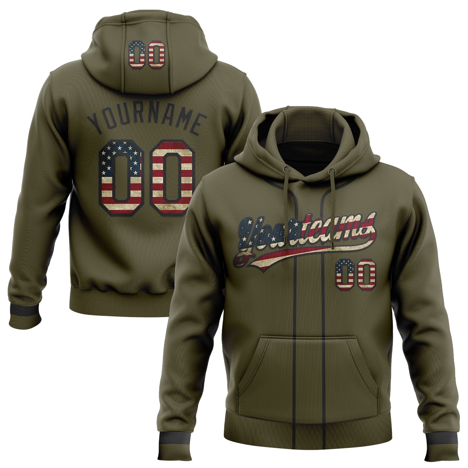 Custom Stitched Olive Vintage USA Flag-Black Baseball Pullover Sweatshirt Hoodie - Main View