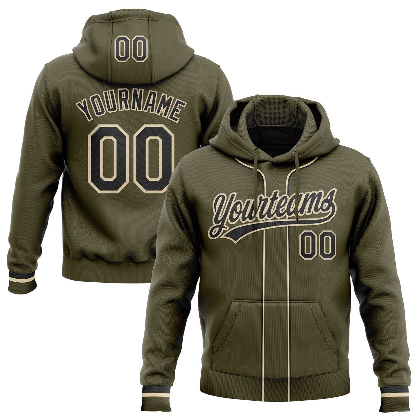 Custom Stitched Olive Black-Cream Baseball Pullover Sweatshirt Hoodie - Main View