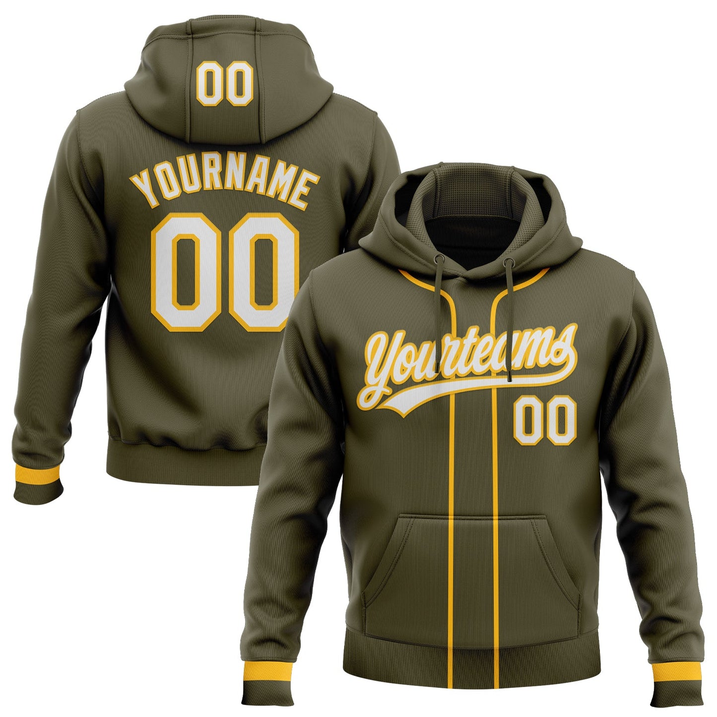 Custom Stitched Olive White-Gold Baseball Pullover Sweatshirt Hoodie - Main View
