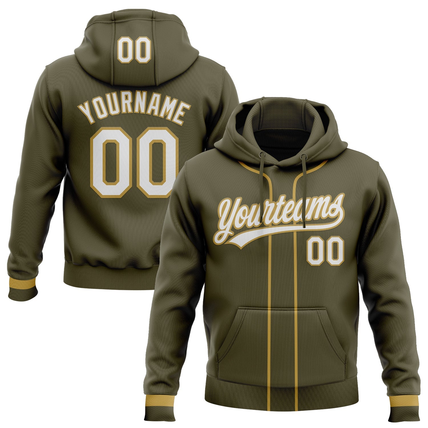 Custom Stitched Olive White-Old Gold Baseball Pullover Sweatshirt Hoodie - Main View