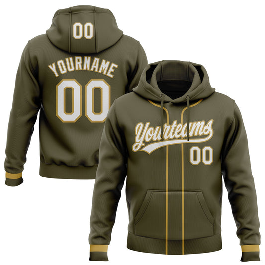 Custom Stitched Olive White-Old Gold Baseball Pullover Sweatshirt Hoodie - Main View
