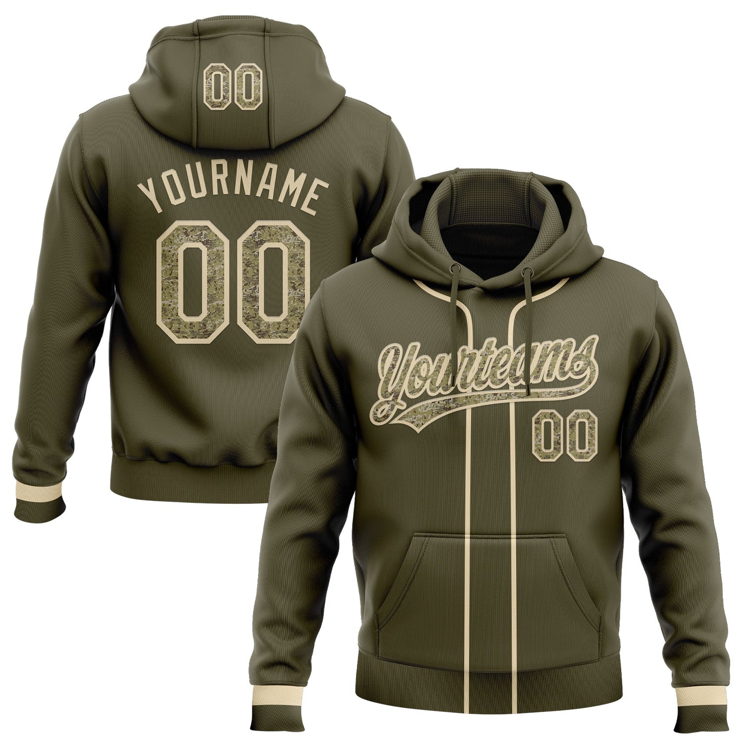 Custom Stitched Olive Camo-Cream Baseball Pullover Sweatshirt Hoodie - Main View