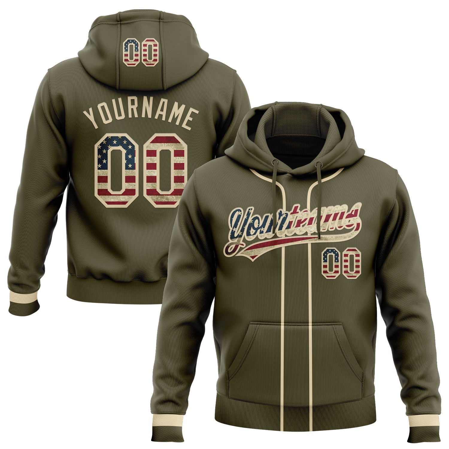Custom Stitched Olive Vintage USA Flag-Cream Baseball Pullover Sweatshirt Hoodie - Main View