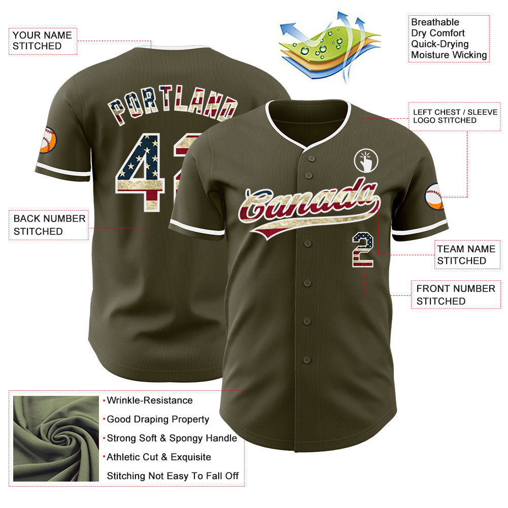 Custom Olive Vintage USA Flag-White Authentic Baseball Jersey view 3