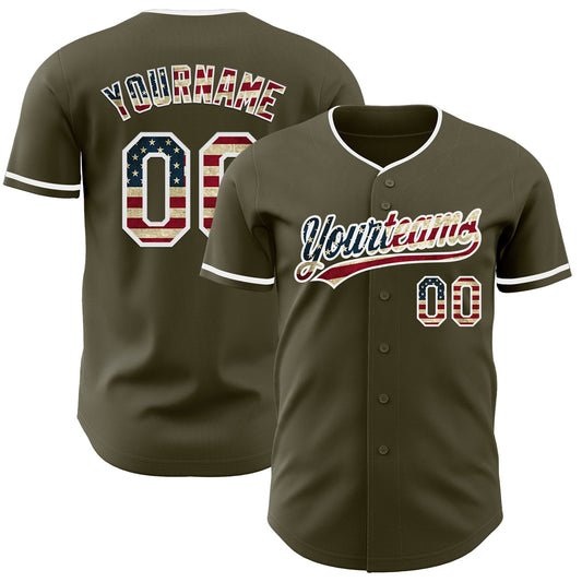 Custom Olive Vintage USA Flag-White Authentic Baseball Jersey - Main View