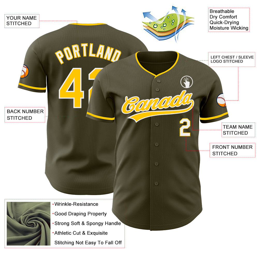 Custom Olive Yellow-White Authentic Baseball Jersey view 3