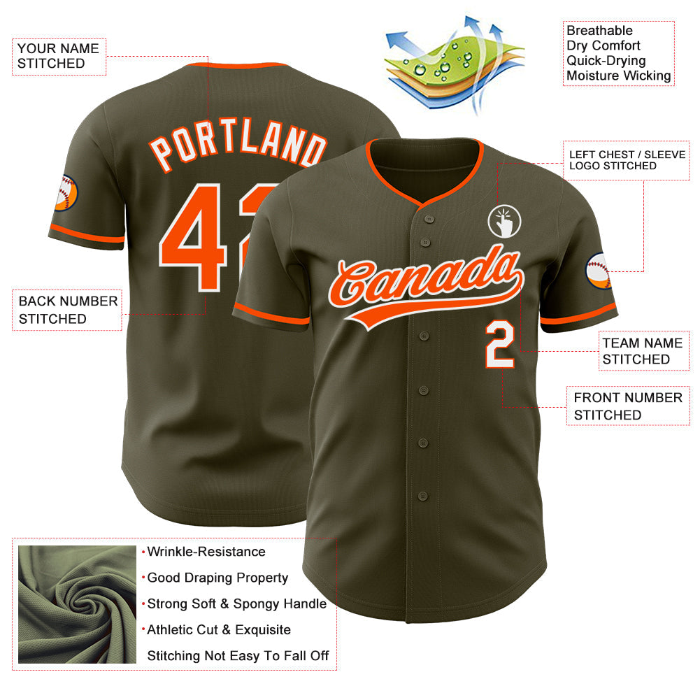 Custom Olive Orange-White Authentic Baseball Jersey view 3