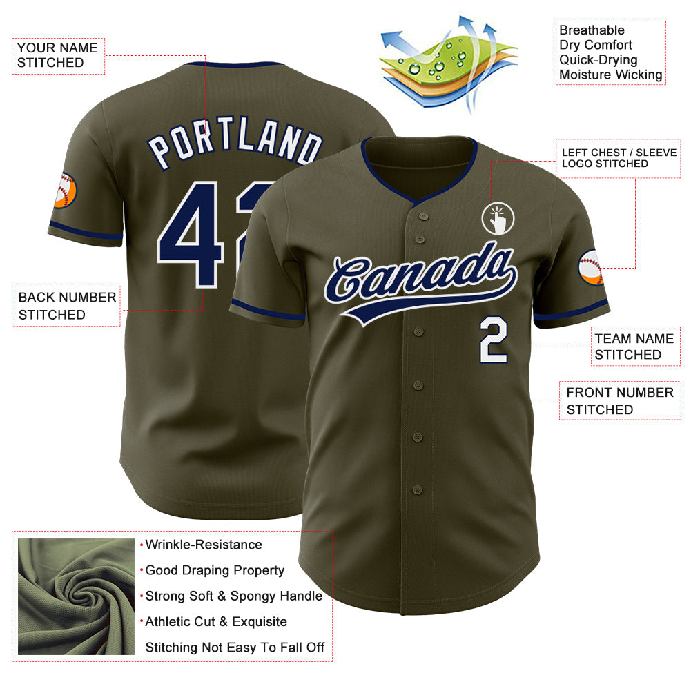 Custom Olive Navy-White Authentic Baseball Jersey view 3