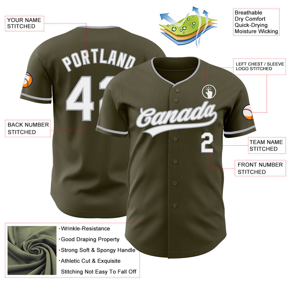Custom Olive White-Gray Authentic Baseball Jersey view 3