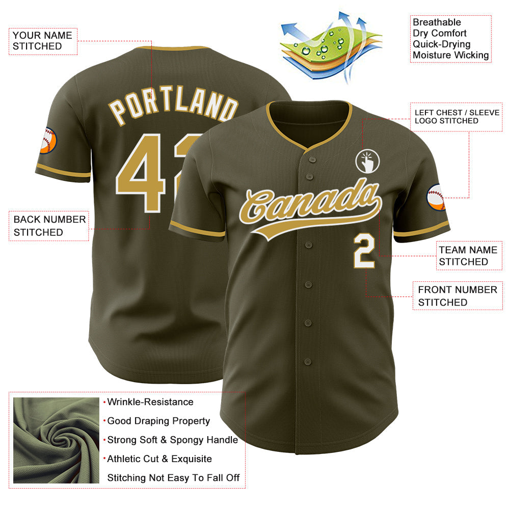 Custom Olive Old Gold-White Authentic Baseball Jersey view 3
