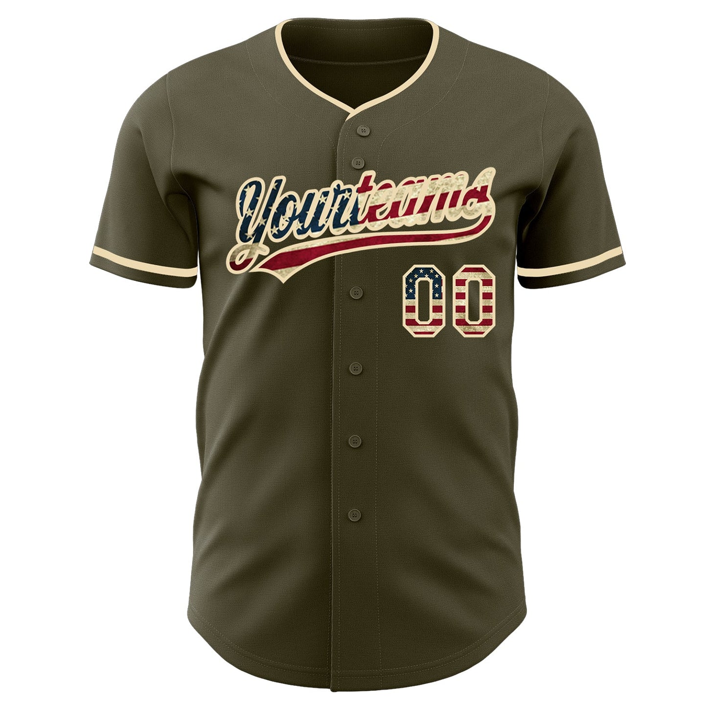 Custom Olive Vintage USA Flag-Cream Authentic Baseball Jersey view 2