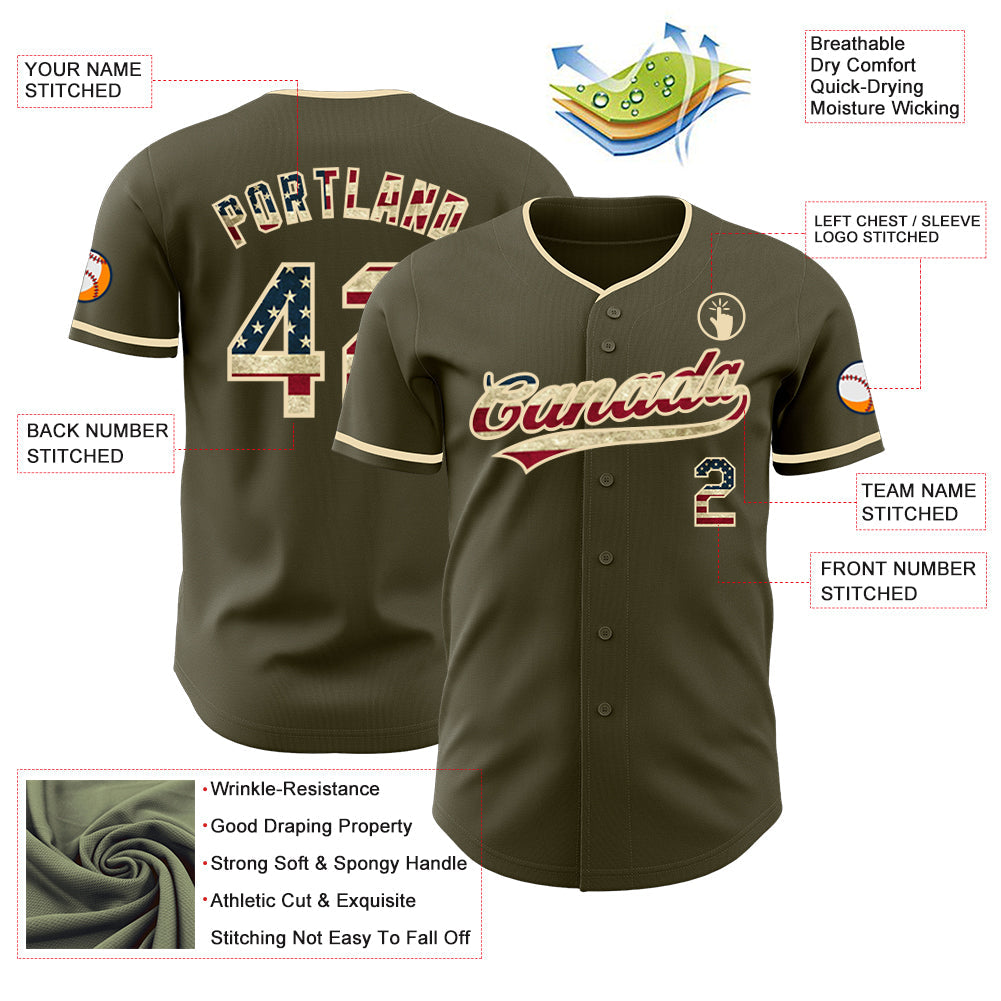 Custom Olive Vintage USA Flag-Cream Authentic Baseball Jersey view 3