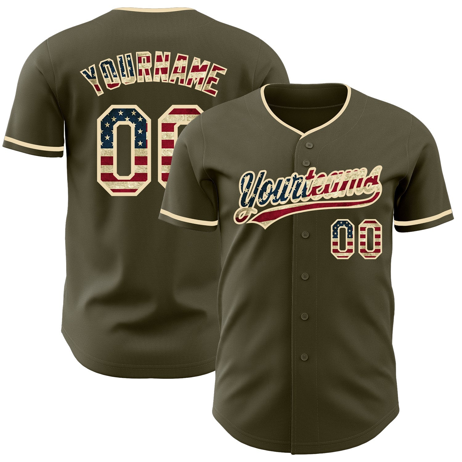 Custom Olive Vintage USA Flag-Cream Authentic Baseball Jersey - Main View