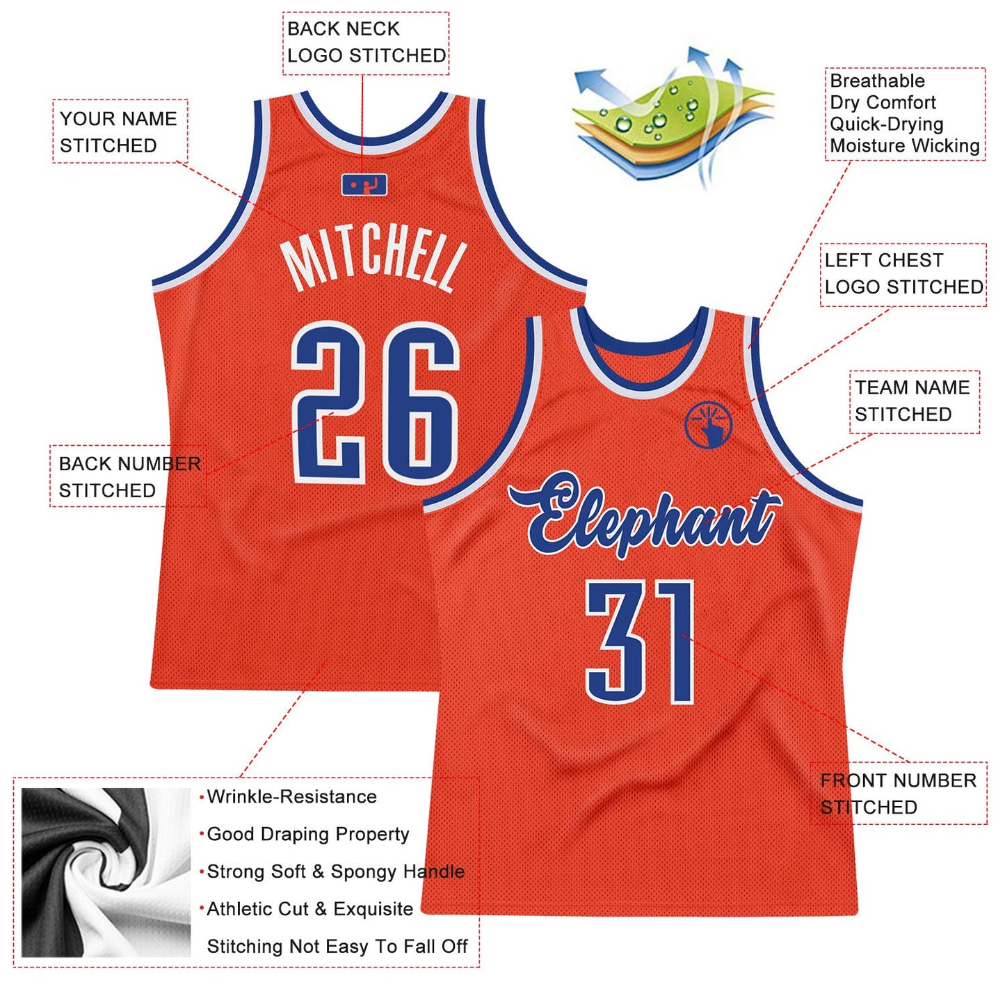 Custom Orange Royal-White Authentic Throwback Basketball Jersey view 2