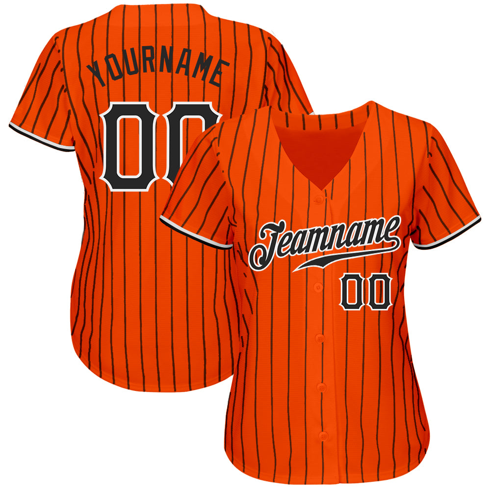 Custom Orange Black Pinstripe Black-White Authentic Baseball Jersey view 2