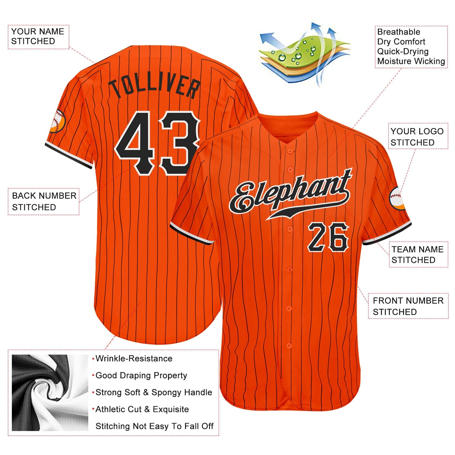 Custom Orange Black Pinstripe Black-White Authentic Baseball Jersey view 3