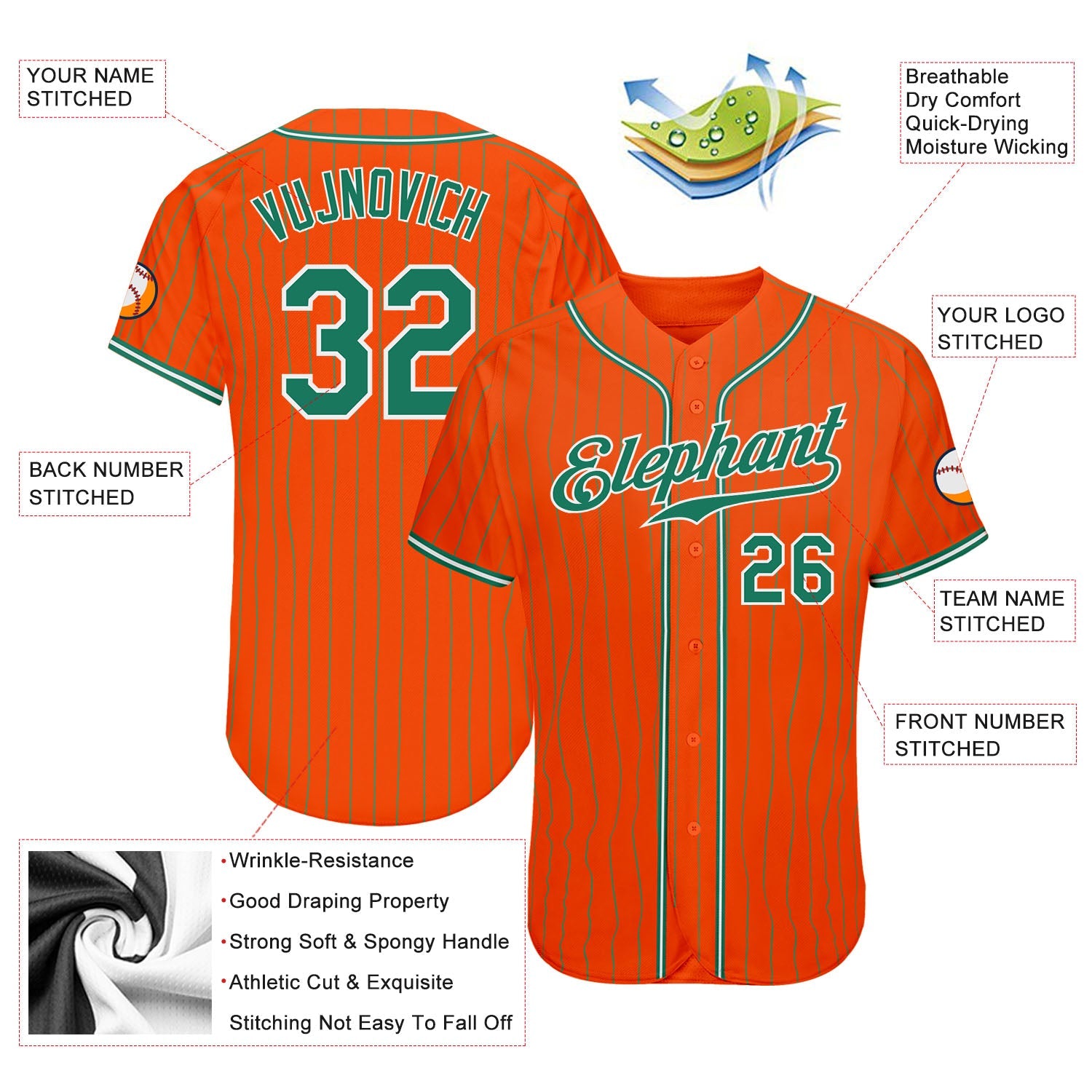 Custom Orange Kelly Green Pinstripe Kelly Green-White Authentic Baseball Jersey view 3