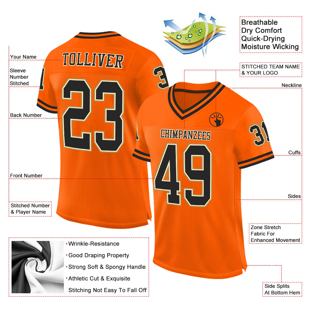 Custom Orange Black-Old Gold Mesh Authentic Throwback Football Jersey view 2