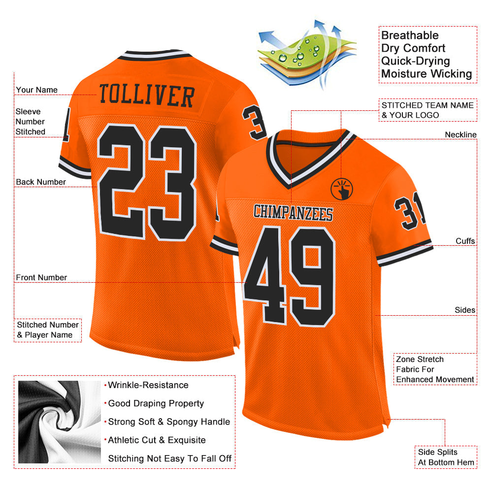 Custom Orange Black-White Mesh Authentic Throwback Football Jersey view 2