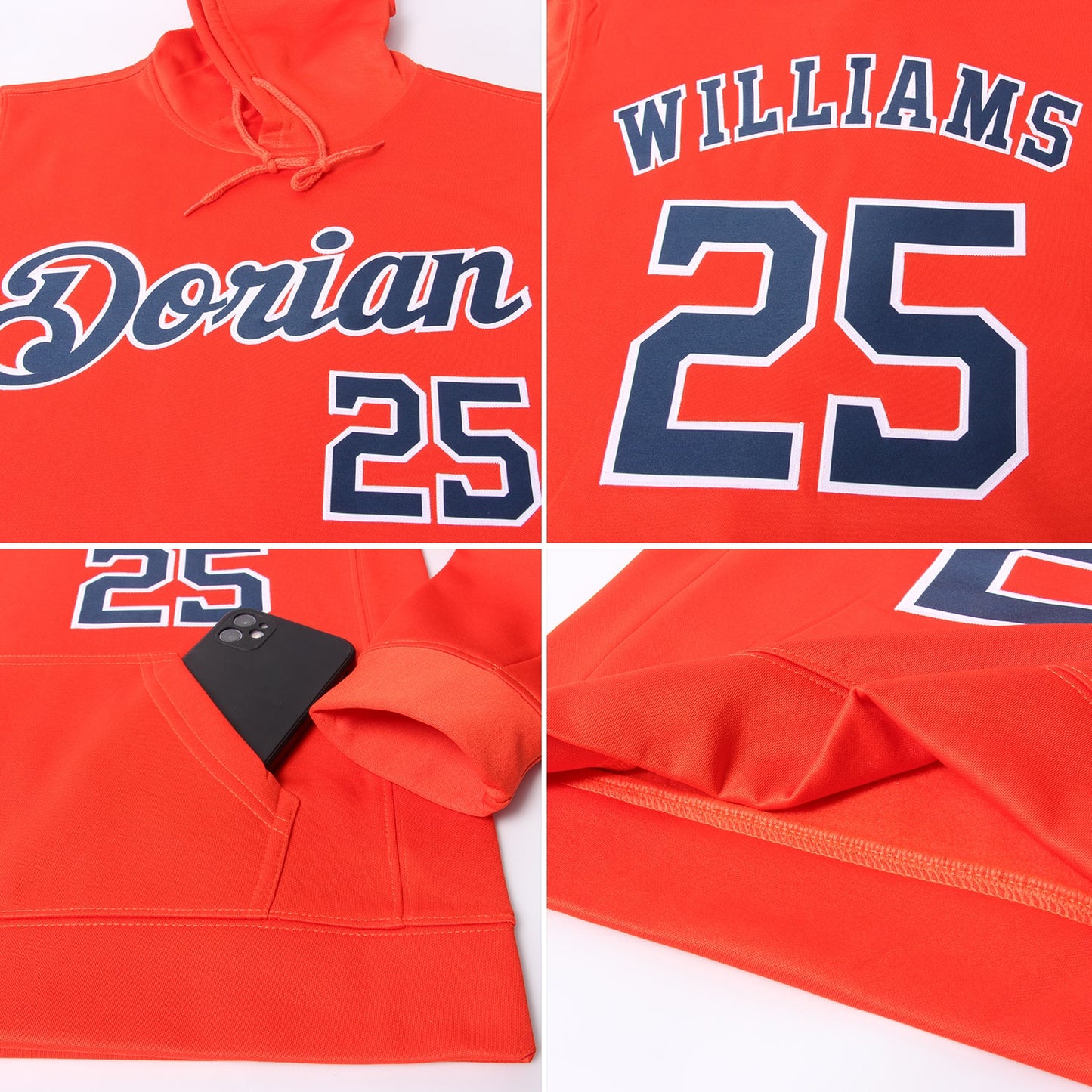 Custom Stitched Orange Navy-White Sports Pullover Sweatshirt Hoodie view 7