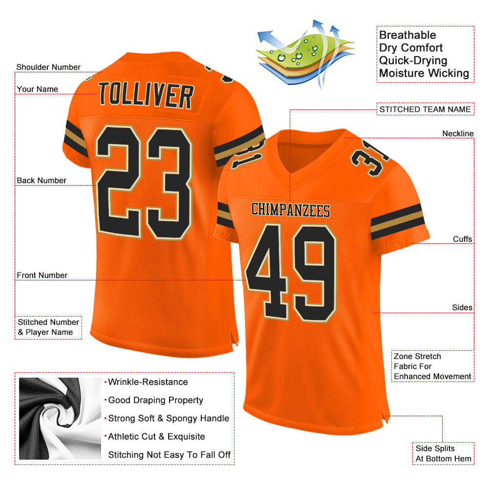 Custom Orange Black-Old Gold Mesh Authentic Football Jersey view 2