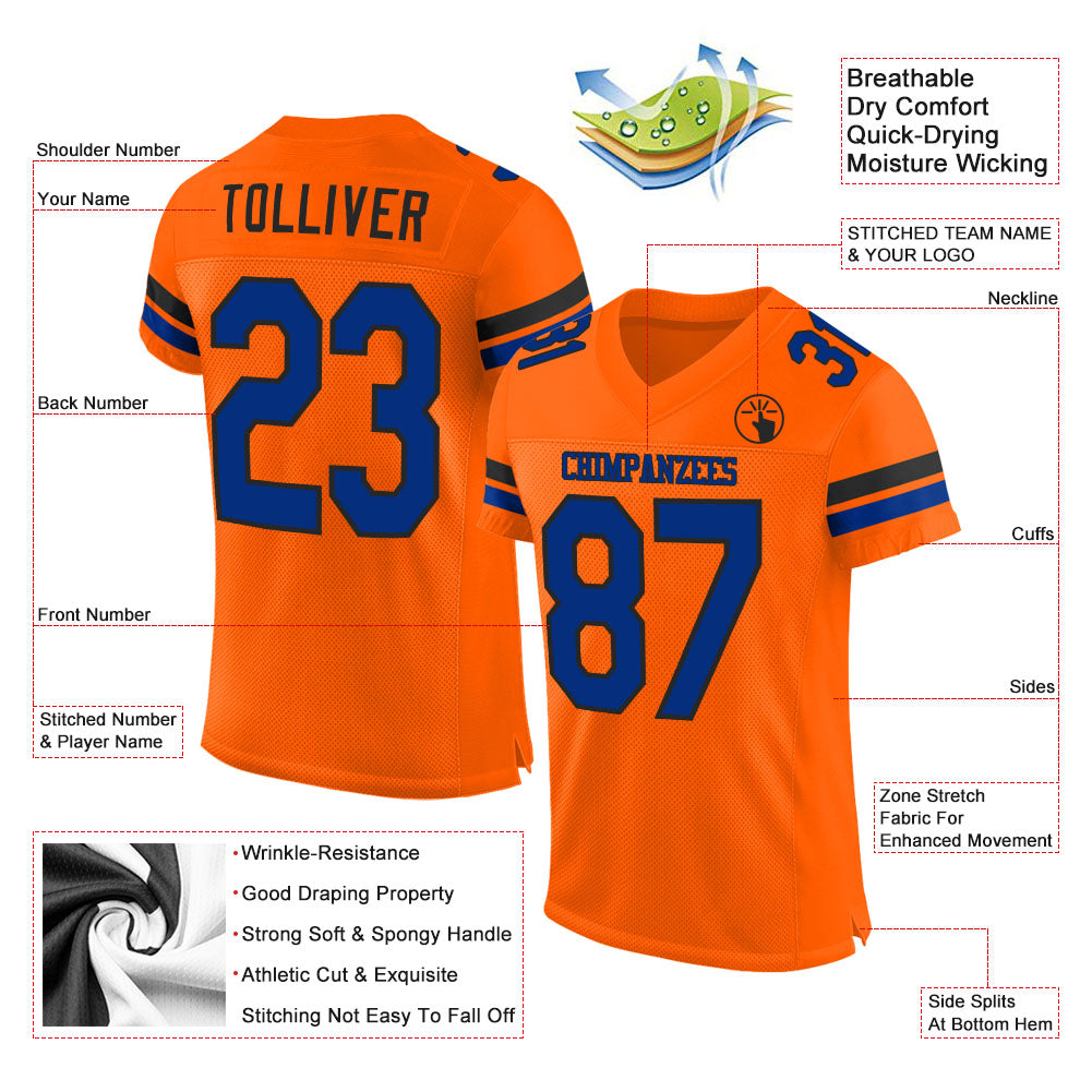 Custom Orange Royal-Black Mesh Authentic Football Jersey view 2