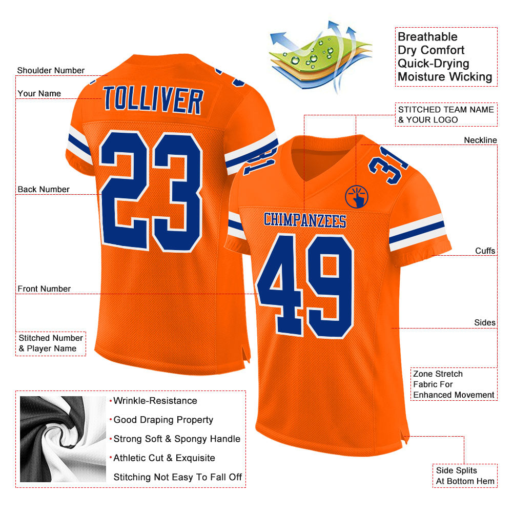 Custom Orange Royal-White Mesh Authentic Football Jersey view 3
