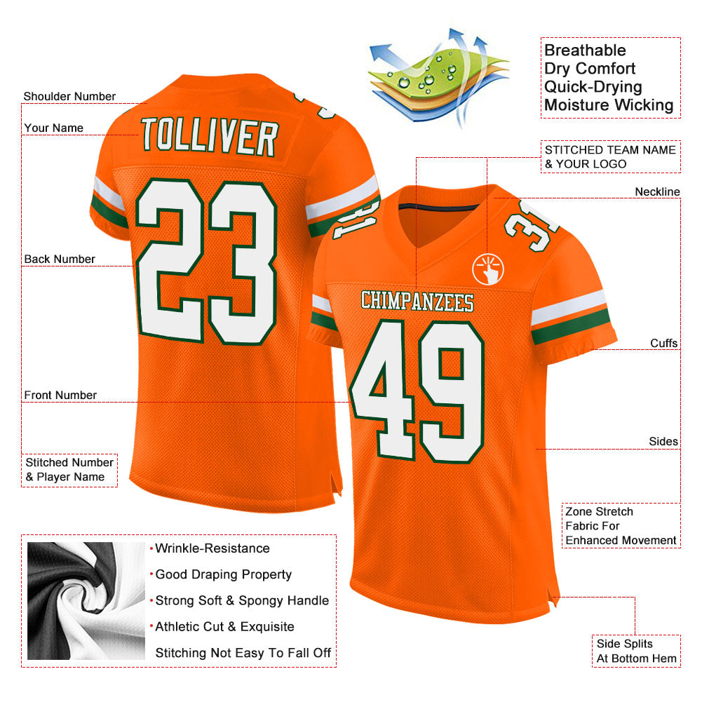 Custom Orange White-Green Mesh Authentic Football Jersey view 2