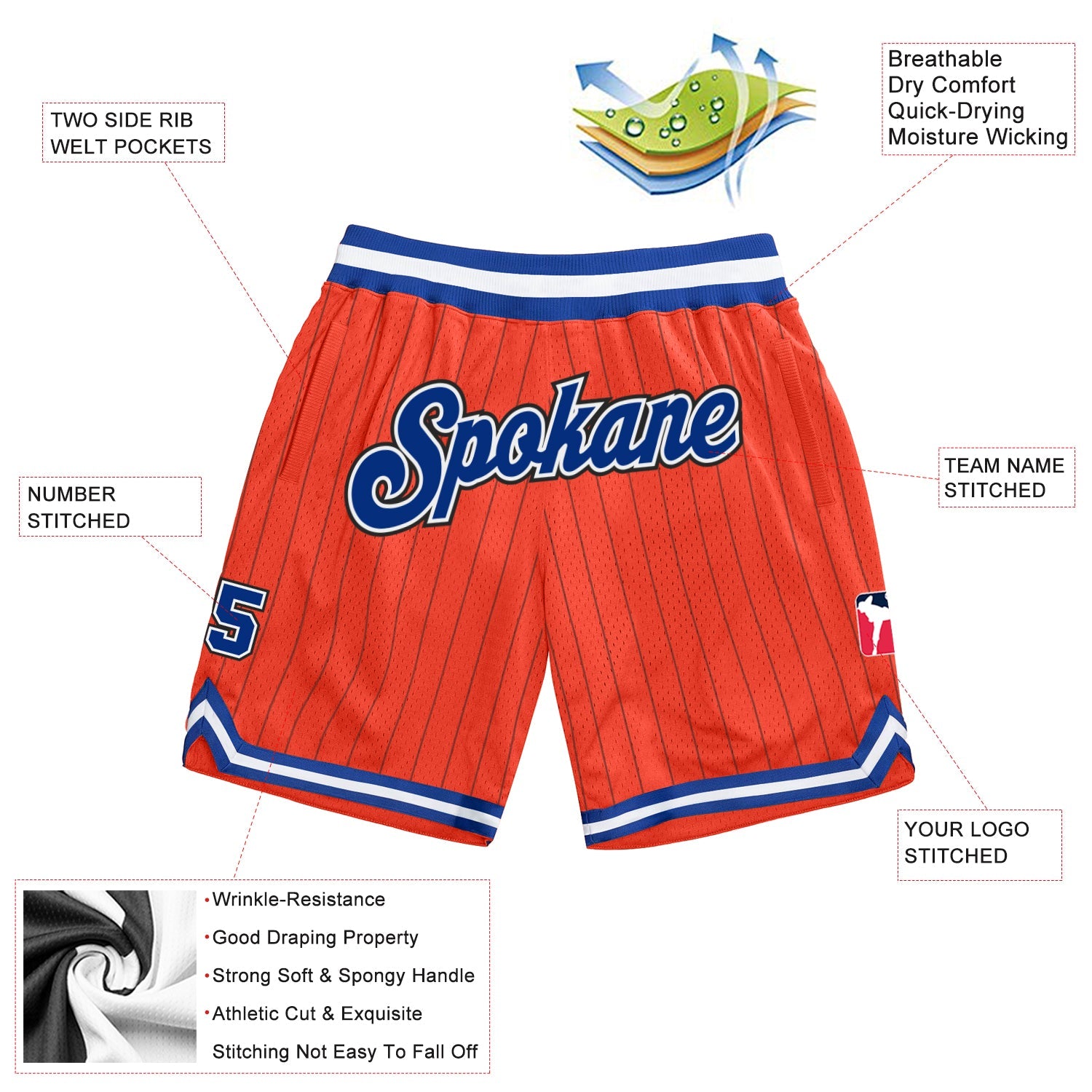 Custom Orange Black Pinstripe Royal-White Authentic Basketball Shorts view 2