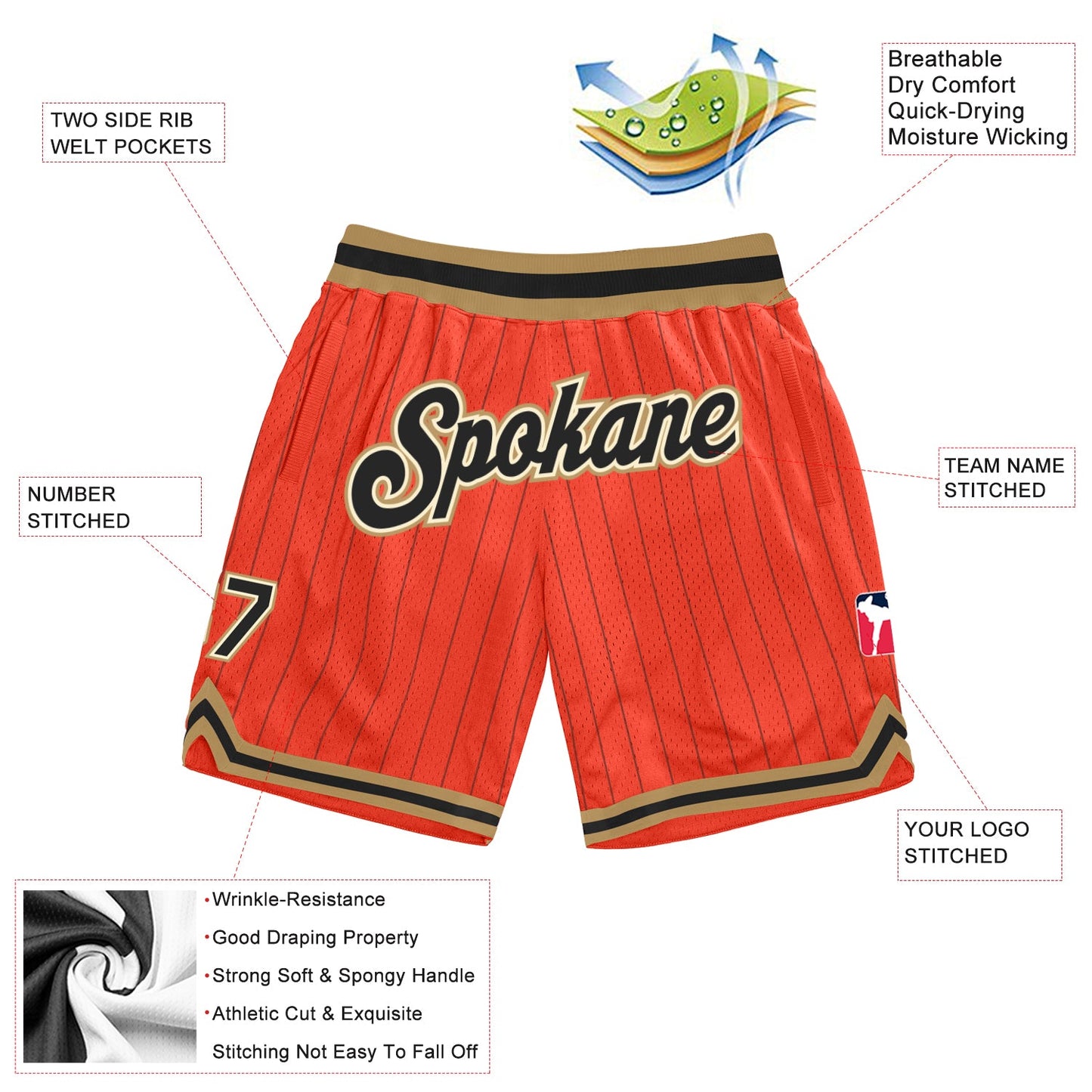 Custom Orange Black Pinstripe Black-Old Gold Authentic Basketball Shorts view 2