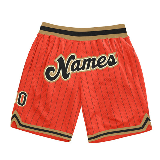 Custom Orange Black Pinstripe Black-Old Gold Authentic Basketball Shorts - Main View