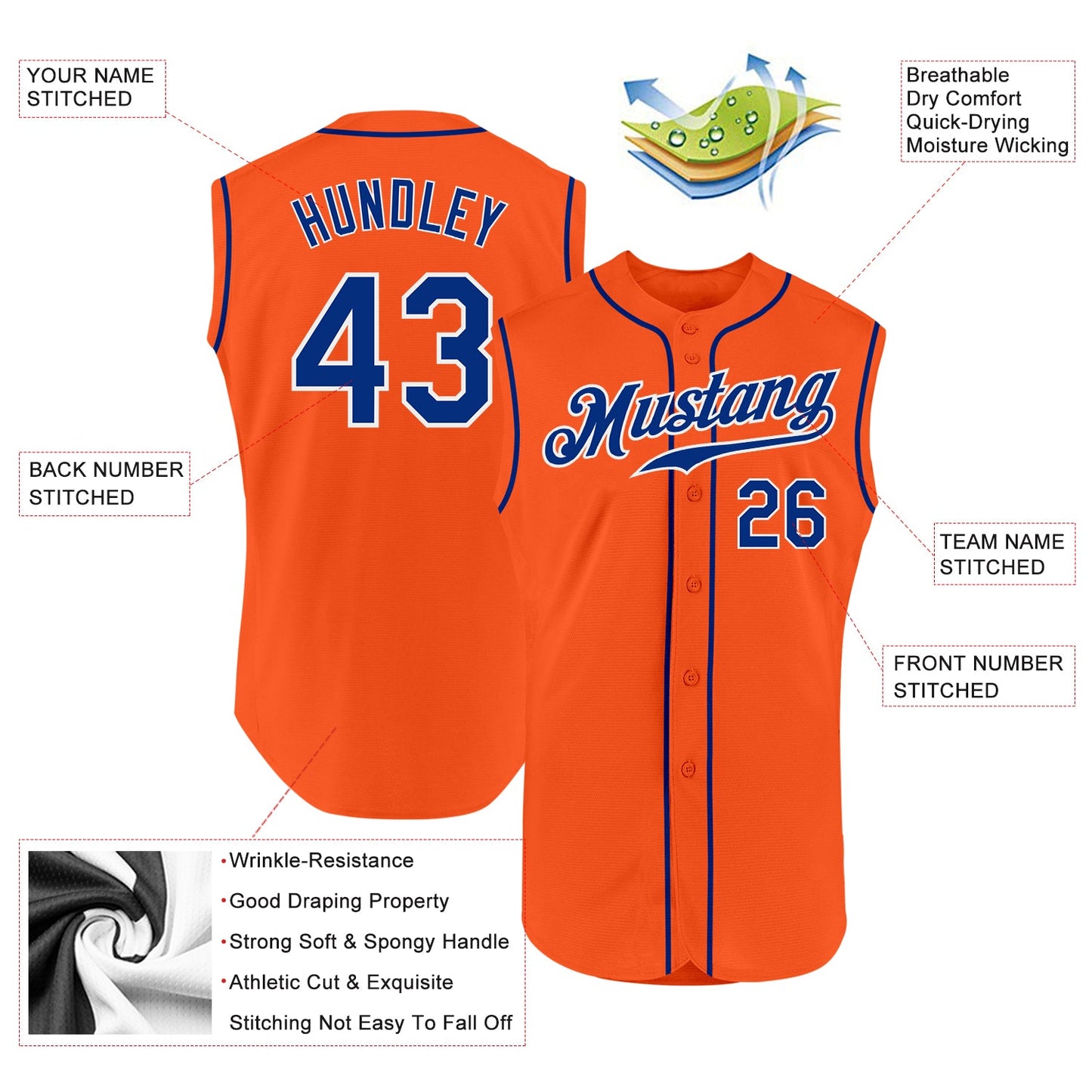 Custom Orange Royal-White Authentic Sleeveless Baseball Jersey view 2