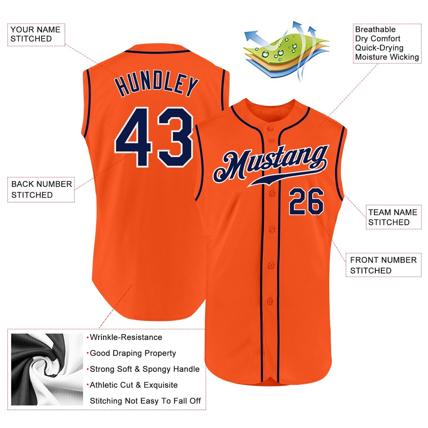 Custom Orange Navy-White Authentic Sleeveless Baseball Jersey view 2