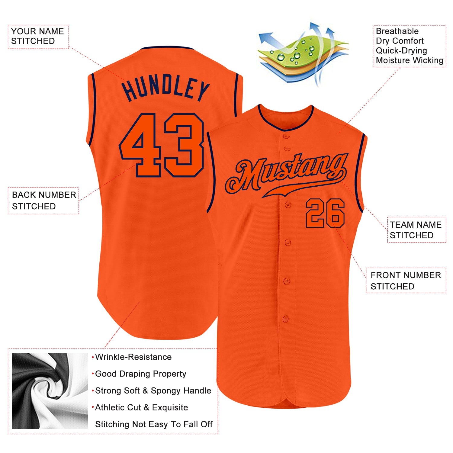 Custom Orange Orange-Navy Authentic Sleeveless Baseball Jersey view 2