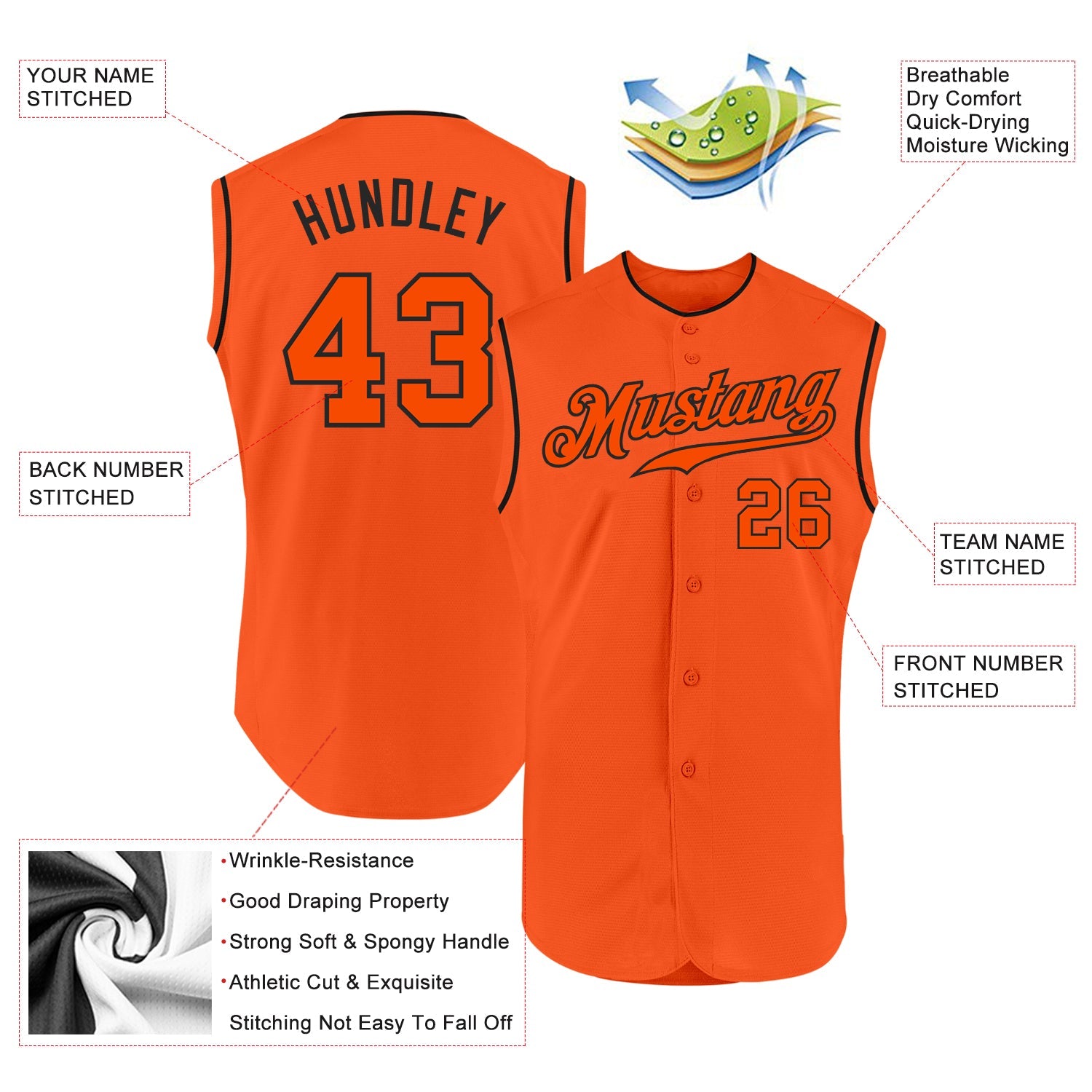 Custom Orange Orange-Black Authentic Sleeveless Baseball Jersey view 2