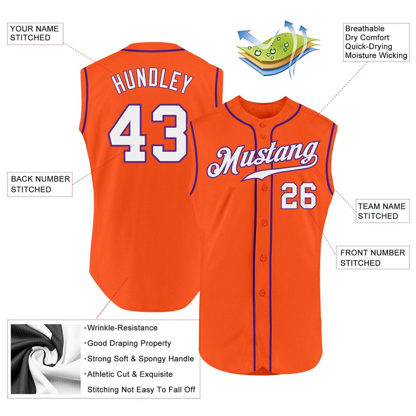 Custom Orange White-Purple Authentic Sleeveless Baseball Jersey view 2